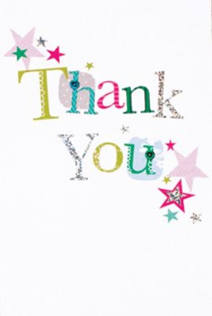 On this thank you card, the arrangement of colorful letters feels quietly exuberant-each character shaped with a sense of whimsy and movement, as if echoing laughter drifting from a Notting Hill café. Some letters swirl playfully, adorned with spots and artful stitches, while others stand tall and elegant, reminiscent of the diverse facades along Ladbroke Grove. Around the heartfelt message, bright stars cluster in a cascade of fuchsia, turquoise, and shimmering silver, their sparkle reminiscent of a clear Notting Hill morning after rain. The composition is airy and modern, with a gentle stardust scatter softening the crisp white background, making the gratitude feel universal and approachable. Not too formal, yet not casual-this card's design strikes a perfect balance that's ideal for any occasion. Paired beside a fresh floral arrangement from a neighborhood florist, it carries the same uplift as a spontaneous thank you among friends at Portobello Market, ensuring every gesture resonates with heartfelt warmth.